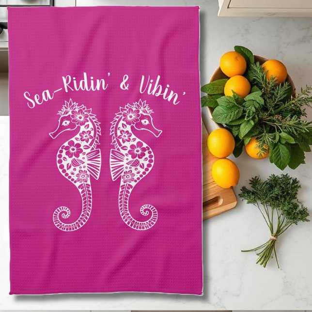 Seahorses-Hawaiian-Fisherman Core-Pink Kitchen Towel (Sea Horses-Fisherman Core-Hawaiian Style-Tropical-Kitchen Towel-Pink)
