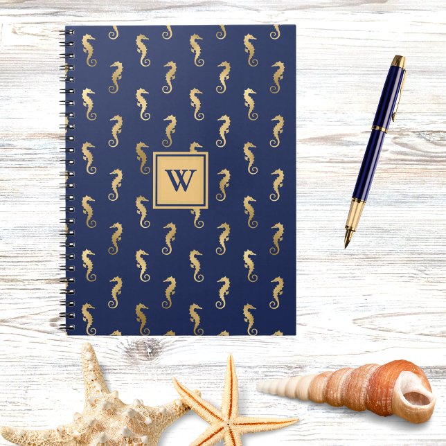 Seahorses in Elegant Navy n Gold Monogram Initial Notebook (Creator Uploaded)