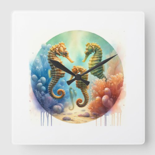 Seahorses in Harmony 280524AREF114 _ Watercolor Square Wall Clock
