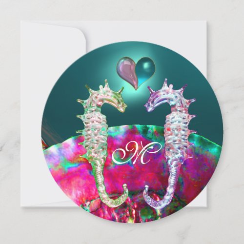 SEAHORSES IN LOVE BEACH WEDDING MONOGRAM INVITATION