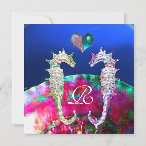 SEAHORSES IN LOVE BEACH WEDDING MONOGRAM INVITATION