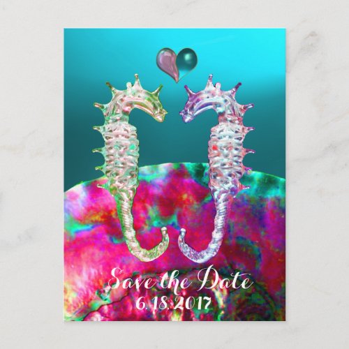 SEAHORSES IN LOVEBLUE PINK NACRESave the Date Announcement Postcard