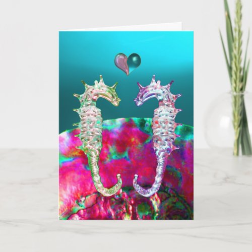 SEAHORSES IN LOVEBLUE PINK NACREValentines Day Holiday Card