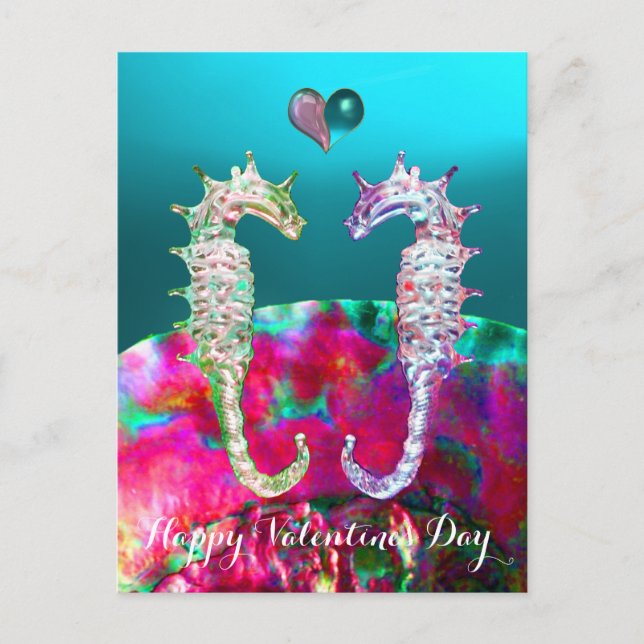 SEAHORSES IN LOVE,BLUE PINK NACRE,Valentine's Day Holiday Postcard (Front)