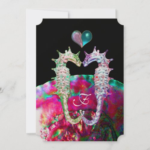 SEAHORSES IN LOVE DAMASK  BEACH WEDDING MONOGRAM INVITATION