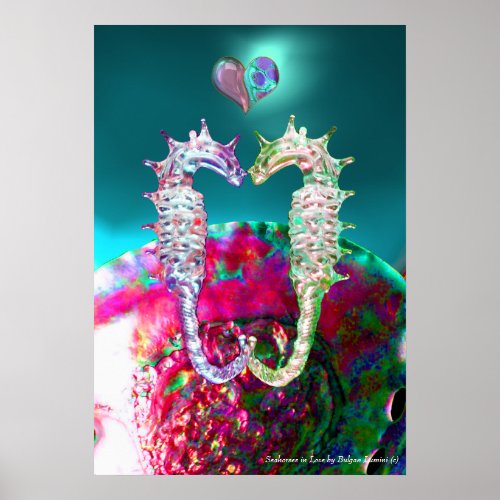 SEAHORSES IN LOVE  PINK TEAL BLUE MOTHER OF PEARL POSTER