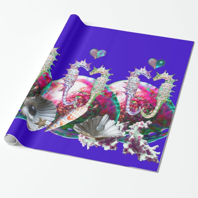 SEAHORSES IN LOVE , PINK TEAL BLUE MOTHER OF PEARL WRAPPING PAPER (Unrolled)