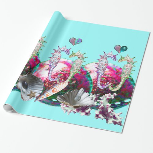 SEAHORSES IN LOVE  PINK TEAL BLUE MOTHER OF PEARL WRAPPING PAPER