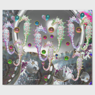 SEAHORSES IN LOVE , PINK TEAL BLUE MOTHER OF PEARL WRAPPING PAPER