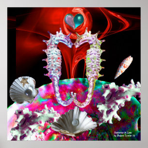 SEAHORSES IN LOVE ,RED PINK BLUE MOTHER OF PEARL POSTER