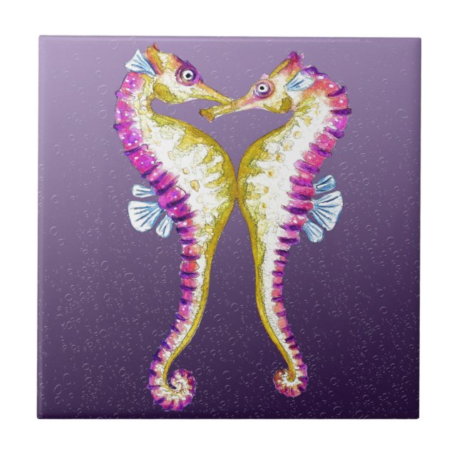 Seahorses Kiss Purple Ceramic Tile (Front)