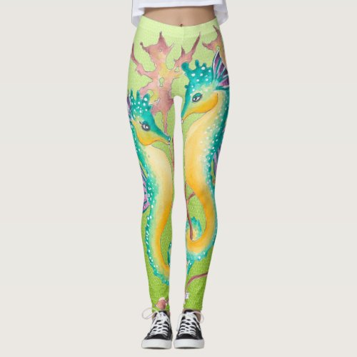 seahorses lime stained glass leggings