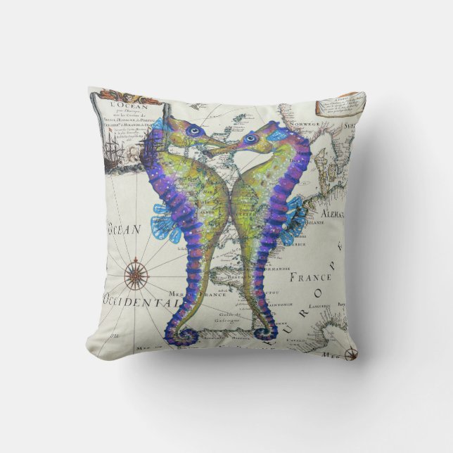 Seahorses Love Map Throw Pillow (Front)