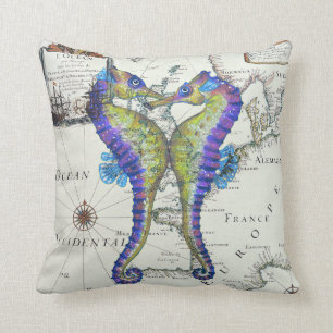 Seahorses Love Map Throw Pillow