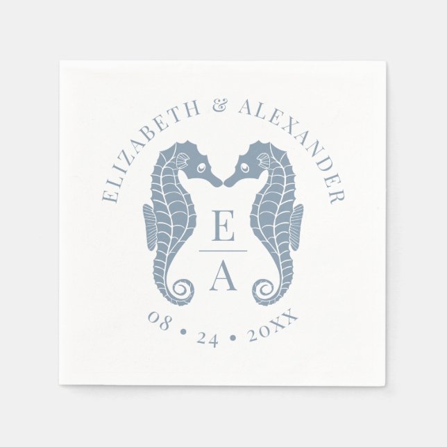 Seahorses Monogram Beach Wedding Dusty Blue Napkins (Front)