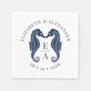 Seahorses Monogram Beach Wedding Navy Blue Napkins