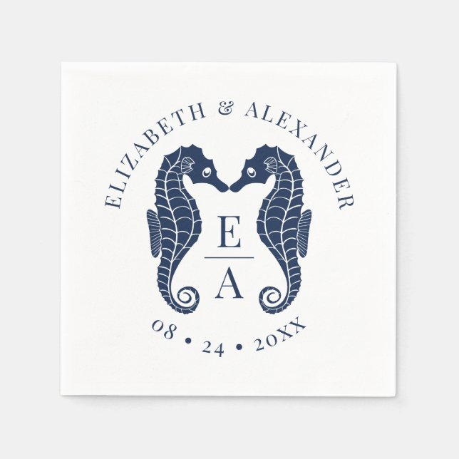 Seahorses Monogram Beach Wedding Navy Blue Napkins (Front)