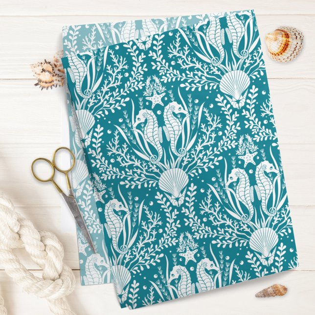 Seahorses Ocean Sea Life Damask Pattern Teal Blue Tissue Paper (Creator Uploaded)
