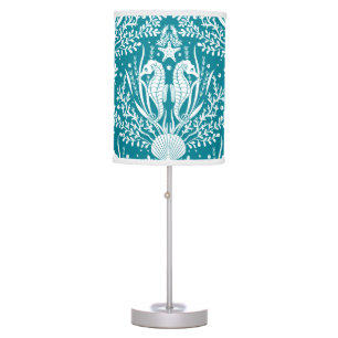 Seahorses Ocean Sea Life Damask Teal Blue White Table Lamp