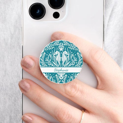 Seahorses Ocean Sea Life Teal Blue Add Your Name PopSocket