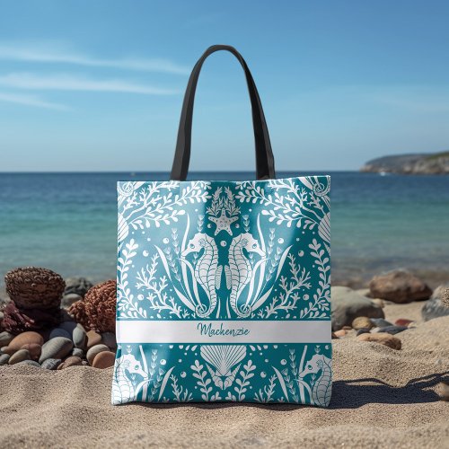 Seahorses Ocean Sea Life Teal Blue Add Your Name Tote Bag