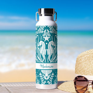 Seahorses Ocean Sea Life Teal Blue Personalized Water Bottle