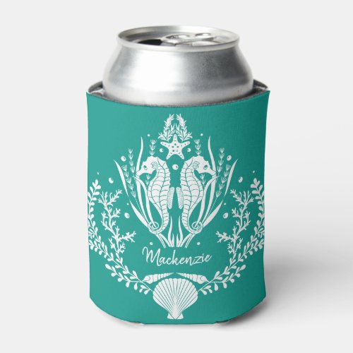 Seahorses Ocean Teal Personalized Can Cooler