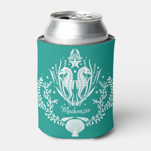 Seahorses Ocean Teal Personalized Can Cooler (Can Front)