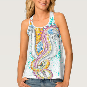 Seahorses Orange Magenta Splash Ink Tank Top