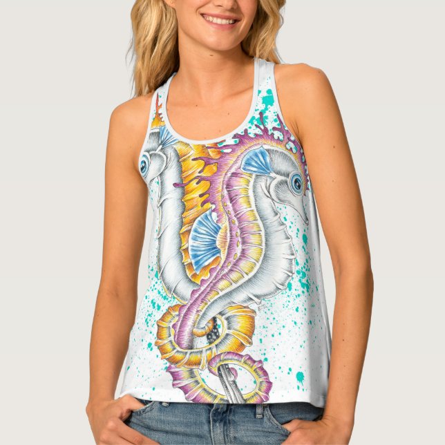 Seahorses Orange Magenta Splash Ink Tank Top (Front)