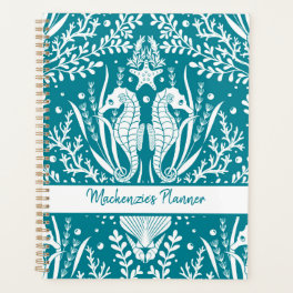 Seahorses Personalized Teal Blue White Damask Planner