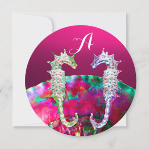 SEAHORSES,PINK NACRE BEACH WEDDING MONOGRAM INVITATION