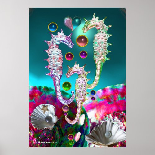 SEAHORSES  PINK TEAL BLUE MOTHER OF PEARL POSTER