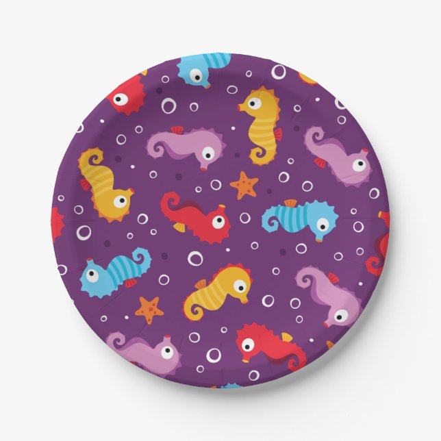 Seahorses Seamless Pattern Paper Plates (Front)