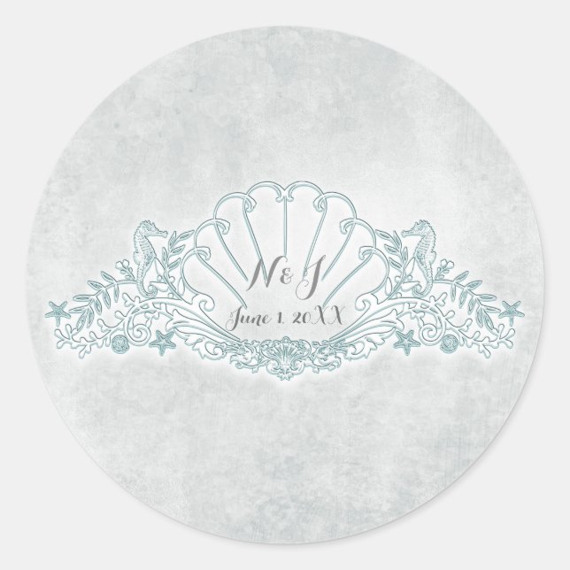 Seahorses & Seashell Beach Wedding Favor Classic Round Sticker (Front)