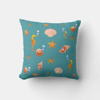 Seahorses, shells & sea stars on teal turquoise