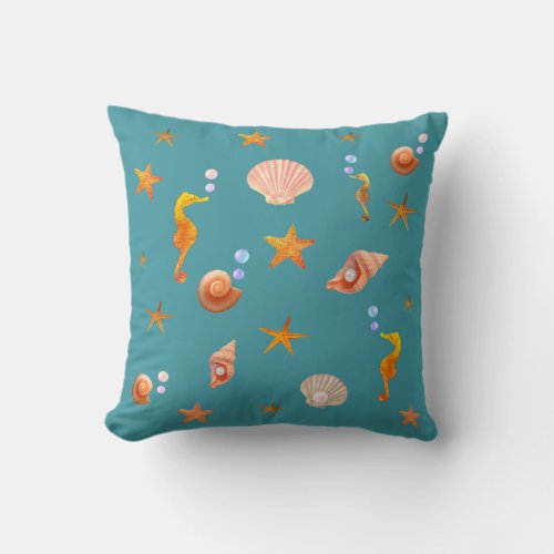 Seahorses shells  sea stars on teal turquoise throw pillow