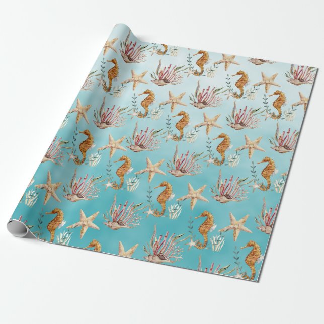 Seahorses Starfish Under The Caribbean Blue Sea Wrapping Paper (Unrolled)