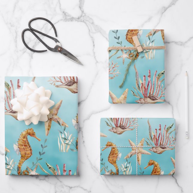 Seahorses Starfish Under The Caribbean Blue Sea Wrapping Paper Sheets (Front)