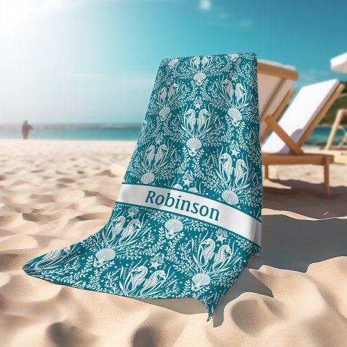 Seahorses Teal Blue White Damask Personalized Beach Towel