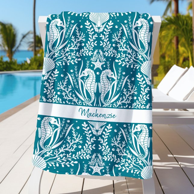 Seahorses Teal Blue White Personalized  Beach Towel (Creator Uploaded)