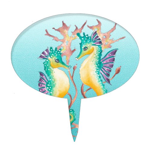 seahorses teal stainglass cake topper