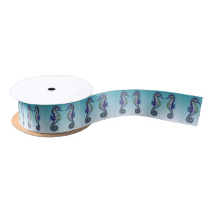 Seahorses Teal Water Drops Satin Ribbon