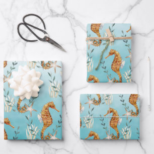 Seahorses Under The Caribbean Turquoise Blue Sea Wrapping Paper Sheets