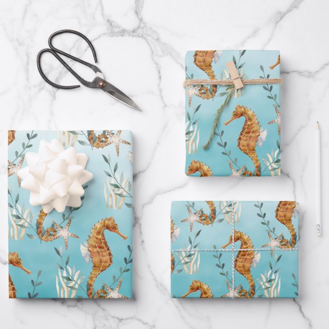 Seahorses Under The Caribbean Turquoise Blue Sea Wrapping Paper Sheets (Front)
