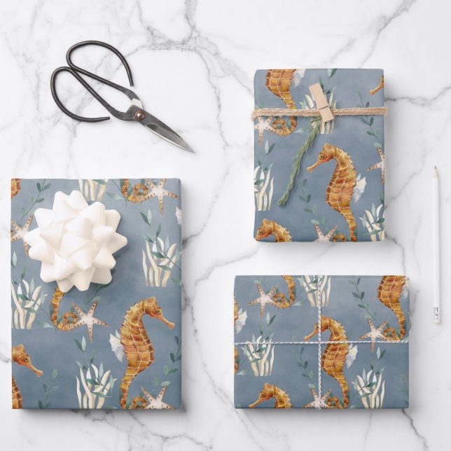 Seahorses Under The Deep Blue Sea Wrapping Paper Sheets (Front)