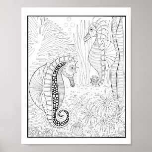 Seahorses Underwater Scene Coloring Page Art Poster
