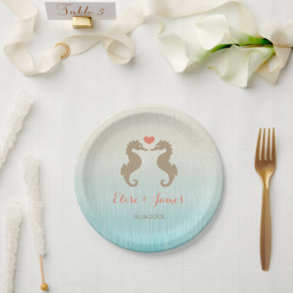 Seahorses With Custom Names And Date Wedding Paper Plates