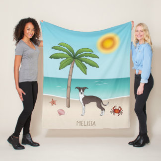 Seal And White Iggy Dog At Tropical Summer Beach Fleece Blanket