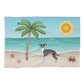 Seal And White Iggy Dog At Tropical Summer Beach Kitchen Towel